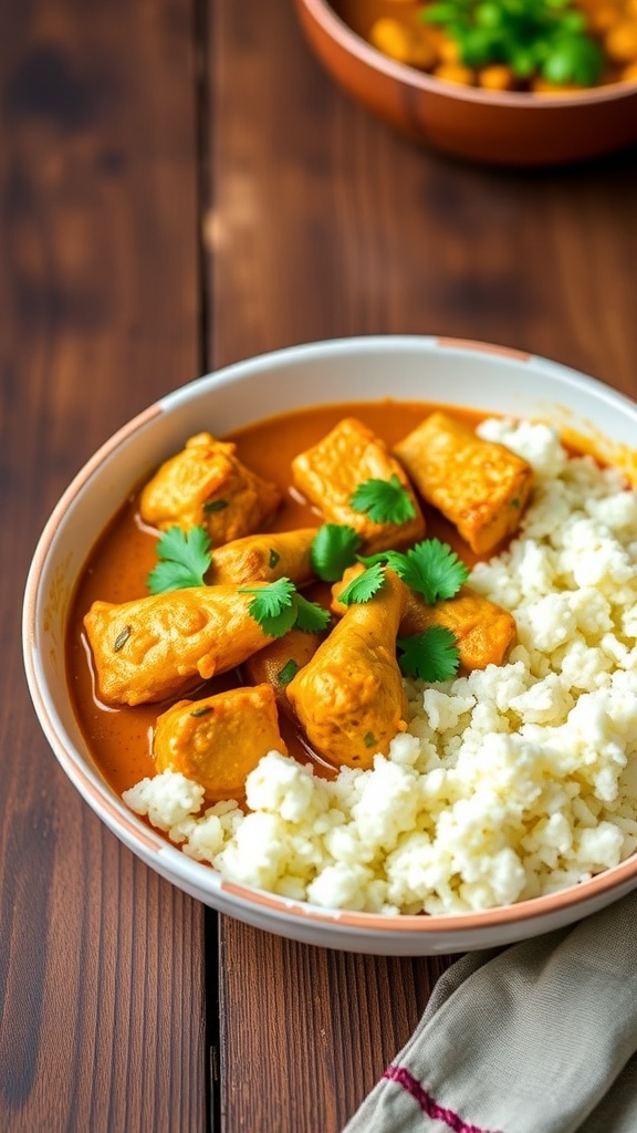 Zero Carb Indian Chicken Curry A bowl of zero carb Indian chicken curry with chicken pieces in creamy sauce, garnished with cilantro, served with cauliflower rice.